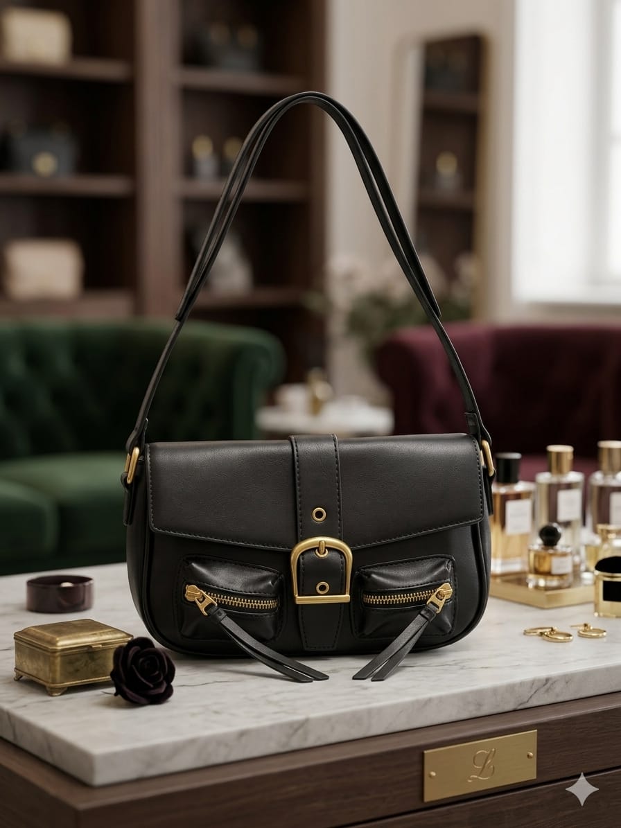 Luxe Black Buckle Shoulder Bag