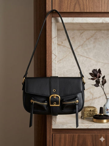 Luxe Black Buckle Shoulder Bag