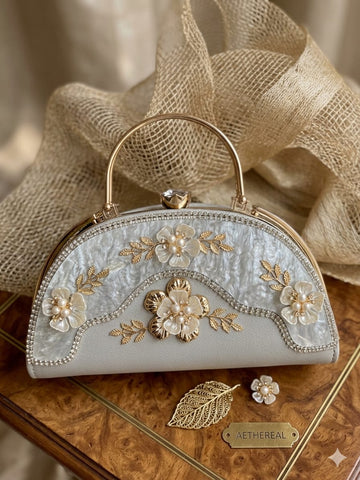 Aethereal Pearl Blossom Mother-of-Pearl Floral Embellished Top Handle Clutch