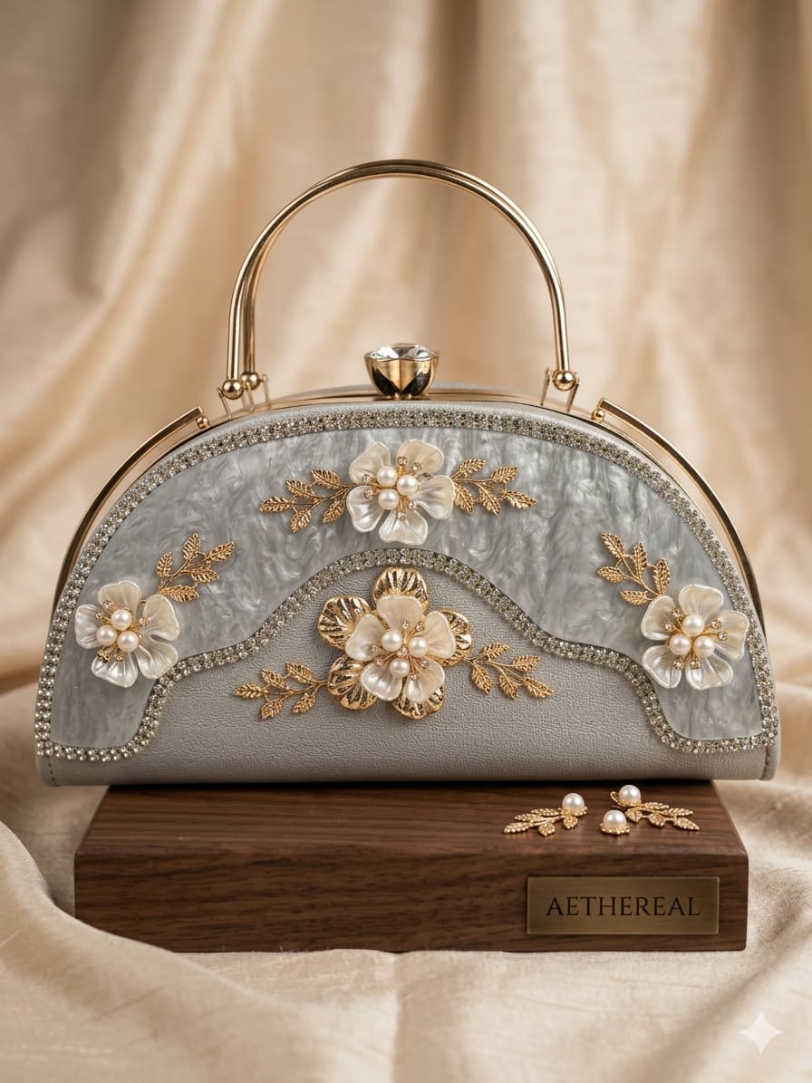 Aethereal Pearl Blossom Mother-of-Pearl Floral Embellished Top Handle Clutch